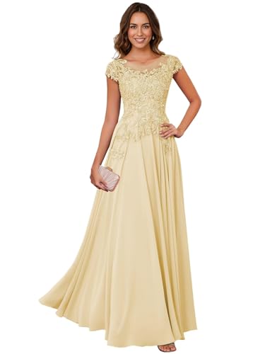 Image of Lace Applique Chiffon Mother of Bride Dresses - Short Sleeve Pleated Long Mother of The Groom Dress