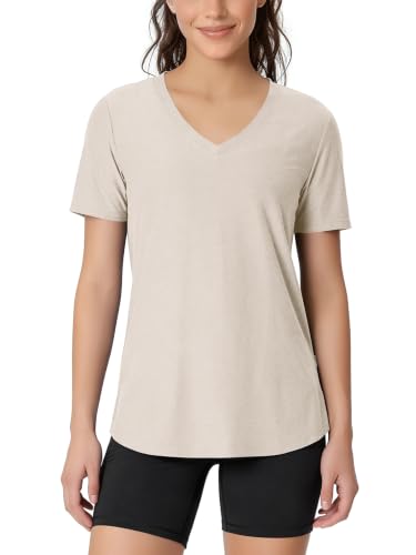 Image of ODODOS Women's Short Sleeve Performance V-Neck Tunic Tops, Ultra Soft odSTRATUM Tech Tee, Side Slit Relaxed T-Shirts