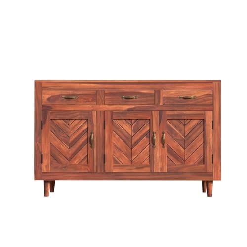 Image of Solid Sheesham Wood Sideboard Cabinet with 3 Door & 3 Drawer Storage | Wooden Storage Organizer Unit for Living Room Dining Kitchen Bedroom Hallway | Natural Honey Finish | Pre-Assembled