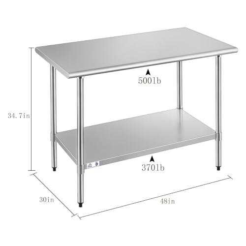 Image of ROCKPOINT Stainless Steel Table for Prep & Work 30x48 Inches, NSF Metal Commercial Kitchen Heavy Duty Table with Adjustable Under Shelf and Table Foot for Restaurant, Home and Hotel