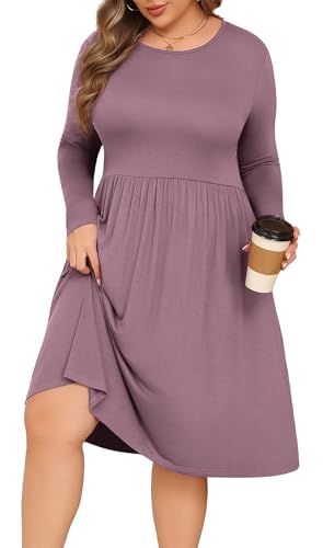 POSESHE, Damenkleider in Übergröße, lange Ärmel, Rundhalsausschnitt, Freizeitkleider, Empire-Taille, locker, fließendes Kleid mit Taschen, Bean...