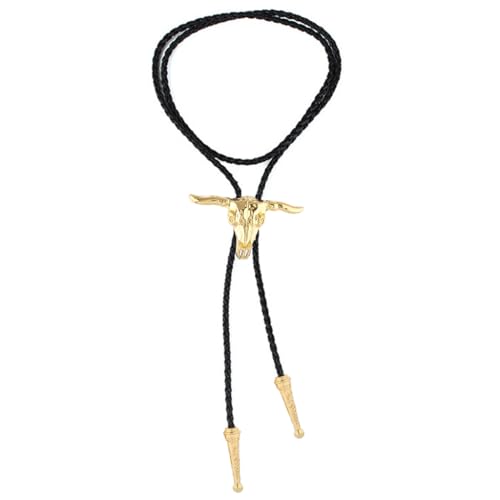 Image of GelConnie Longhorn Bull Bolo Tie for Men Native American Western Cowboy Leather Necktie Bolo Necklace for Women Gold Texas