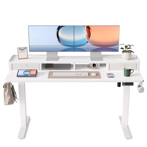 YIHAYO Electric Standing Desk with Drawers, 60 x 24 Inches Adjustable Desk with Storage Shelf, Computer Table with Splice Board for Home Office,White Frame/White Top