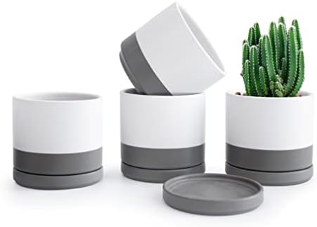 Set of 4 Small Succulent Plant Pots, 4.6 Inch Ceramic Planter Pot for Plants with Drainage Hole and Saucer, White/Speckled Grey, 94-F-XS-6