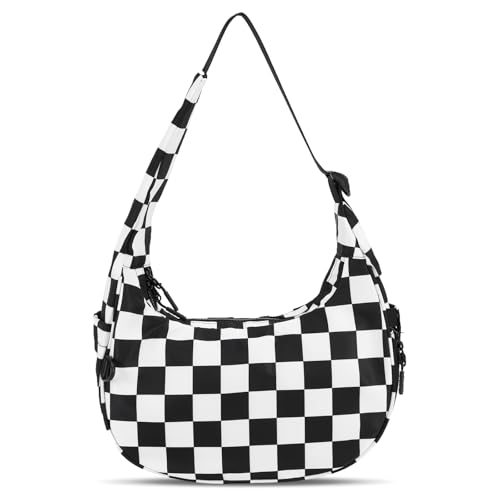 Checkered Shoulder Bags for Women Nylon Hobo Handbag Checkered Purse Crescent Bag for Travel Sports