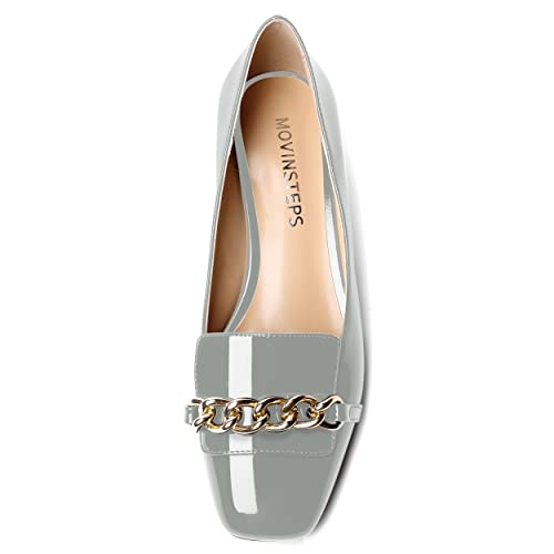 MOVINSTEPS Womens Square Toe Patent Metal Chain Office Slip On Loafers Dress Chunky Low Heel Pumps Shoes 1.5 Inch3