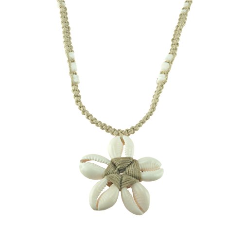 BlueRica Cowrie Shells Flower on Tan Cord Macrame Necklace with Puka Clam Shell Beads