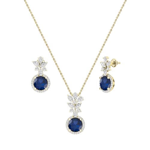 Image of DazzlingRock Collection Round Lab Created Blue Sapphire & Pear, Marquise Diamond Pendant Necklace-Earrings Set|18K Solid Yellow Gold