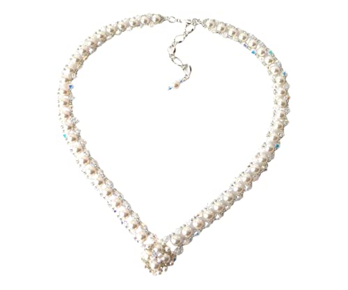 Statement Necklace Pearl, V Shaped Necklace with Back Drop, Crystal and Pearl, Unique Bridal Necklace, Handmade Jewelry
