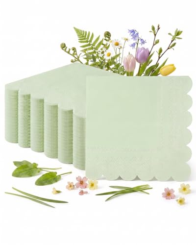 Goodluck 100-Pack Scalloped Cocktail Napkins 2-Ply 5 x 5 Inches Disposable Dessert Napkins for Wedding Birthday Valentines Day and Baby Christening Party Decorations (Sage Green)