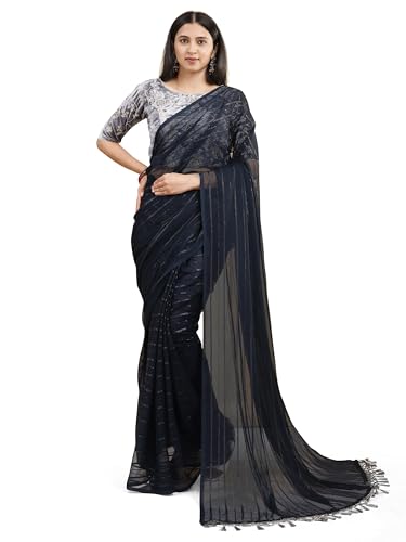 Sari en soie de prestige noir brodé avec chemisier pour femme