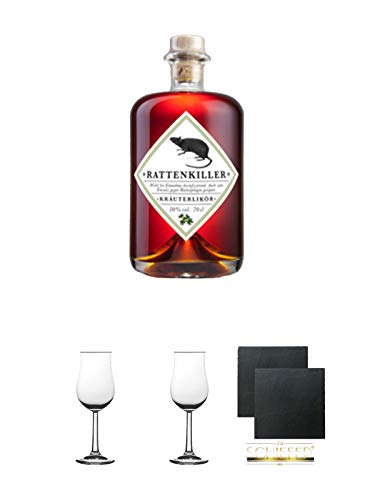Rattenkiller Kräuterlikör 0,7 Liter + Nosing Kelchglas Bugatti mit Eichstrich 2cl und 4cl 2 Stück + Schiefer Glasuntersetzer 2 Stück
