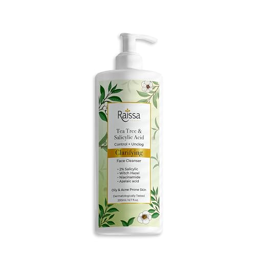 Image of Raissa Clarifying Soap Free Face Wash for oily Acne prone skin - 2% Salicylic Acid, Azelaic Acid, Tea Tree Oil, Niacinamide| reduces Acne & post acne marks, Oil Control, Pore Minimizing | For Men & Women |200 ml