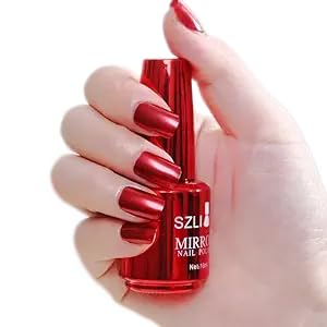Red Nail Polish Metallic Mirror Effect Metal Long-Lasting Quick Dry Nail Lacquers, Shiny Chrome DIY Manicure 4#, 18ml