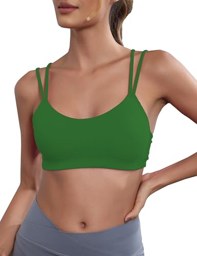 Image of Yoga Sports Workout Bras for Women Seamless Molded Cup Spaghetti Double Strap Bra Wirefree Scoop Neck Tank Top Bras