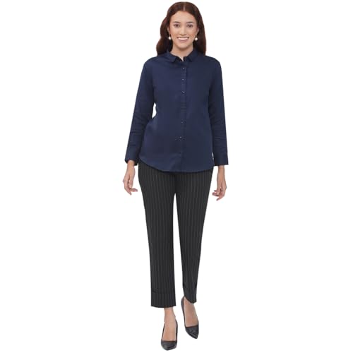 Image of Women's Cotton Solid Long Sleeve Shirt - Formal & Casual Button-Down Long Sleeve Collared Top for Office, Workwear 100% Soft Breathable Cotton Fabric