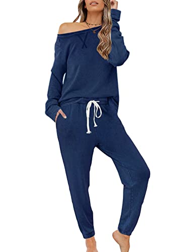 Zilcremo Damen Zweiteiliger Schlafanzug Set Baumwolle Langarm Nachtwäsche Sleepwear und Pyjamahose Lounge Sets Dunkelblau M