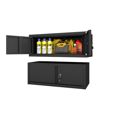 Garage Wall Cabinet, 31.5″ W Metal Wall Mounted Storage Cabinet with Locking Doors, Steel Floating Cabinet for Garage Storage, Basement, RV, Warehouse, Black