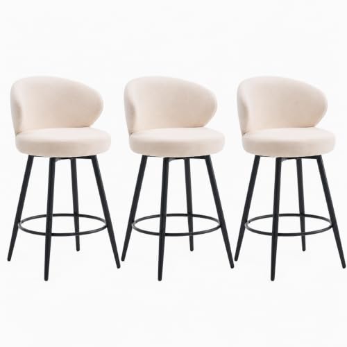 Image of 360 Swivel Modern Bar Stool Set of 3, 26 inch Upholstered Counter Height Bar Stools with Wingback, Soft Linen Fabric, Counter Chairs with Arm for Kitchen Island or Home Bar, Ivory