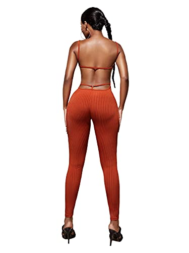 SheIn Women s Spaghetti Strap O-Ring Backless Bodycon Jumpsuits Unitard Bodysuits Burnt Orange Small