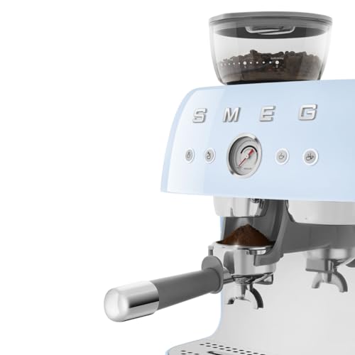 Image of Smeg EGF03 Semi-Automatic Espresso Machine with Built-In Grinder, Dual Thermoblock, 50's Retro Style - Pastel Blue (120 V)