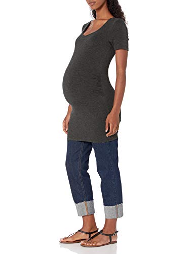 Amazon Essentials Women's Maternity Short-Sleeve Rouched Scoopneck T-Shirt, Pack Of 2, Charcoal Heather/Black, X-Large #TOP4