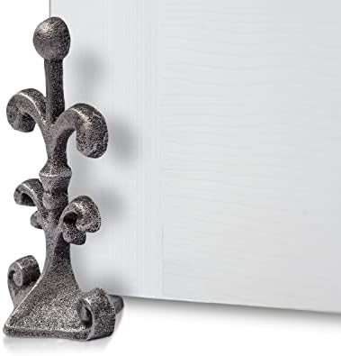 Fleur De Lis Cast Iron Door Stop | Decorative Door Stopper Wedge | with Padded Anti-Scratch Felt Bottom | Antique Vintage Design | Solid and Heavy Duty| 4x3.5x7.75" | Silver with Black by Comfify