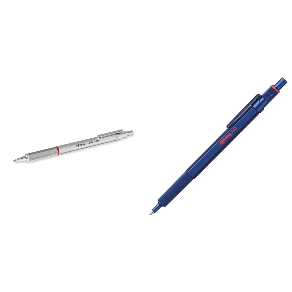 rOtring Rapid PRO Kugelschreiber | Mittlere Linienbreite | Silber & 600 Kugelschreiber | mittlere Spitze | Schwarze Tinte | Blauer Schaft | nachfüllbar