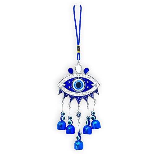 Image of AUGEN Evil Eye Wall Hanging Eye Shape 5 Bells Design Blue Ornament for Home Office Shop Decor (13 Inches, 28)