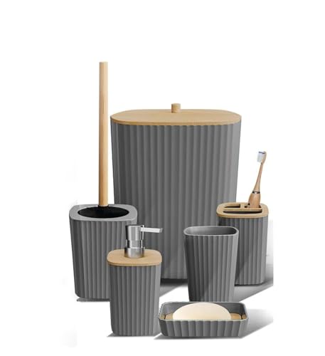 VANTORIA Bathroom Accessories Set 6 Pieces Toilet Brush Soap Dispenser Toothbrush Holder Cup Soap Dish Trash Can (Gray S)
