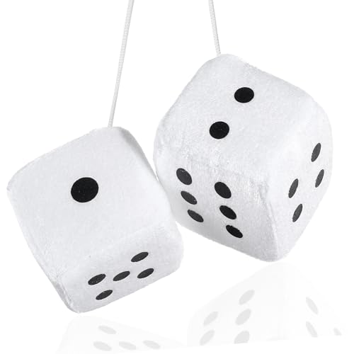 ElevateTech Fuzzy Dice for Rear View Mirror White Fuzzy Dice for Car Mirror with Black Dots Classic Vintage Square Hanging Dices Accessories Soft Plush Dices Pendants Retro Car Interior Decoration