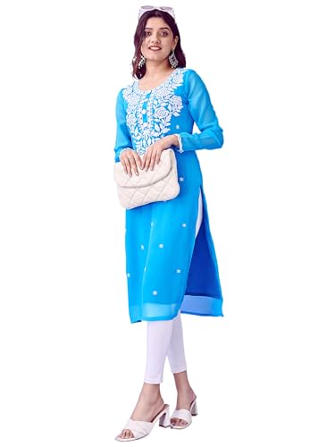 Image of HESVI Women's Georgette White Lakhnavi Chikankari Kurti with Intricate Embroidery Work