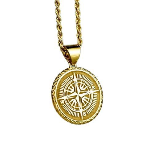 Pendentif boussole gravé en argent sterling plaqué or et maille corde française