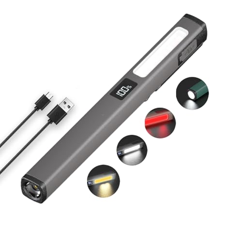 Bufccy Small Rechargeable Pen Flashlights with COB Work Light, Portable LED Pocket Flashlight Bright Flashlights for Home, Car, Emergencies, with Type-C Charge, 6 Light Modes, LCD Display (Grey)