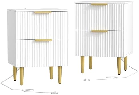 White Nightstand Set of 2, Fluted Night Stand with Charging Stati...