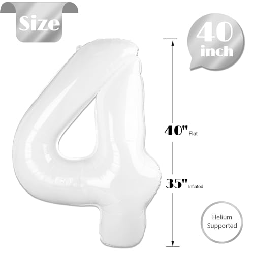 Image of White 4 Balloon, Translucent Number Balloons 40 Inch, 4th White Party Decorations, Four Large Numbers for Party Decor, Number 4 Balloon