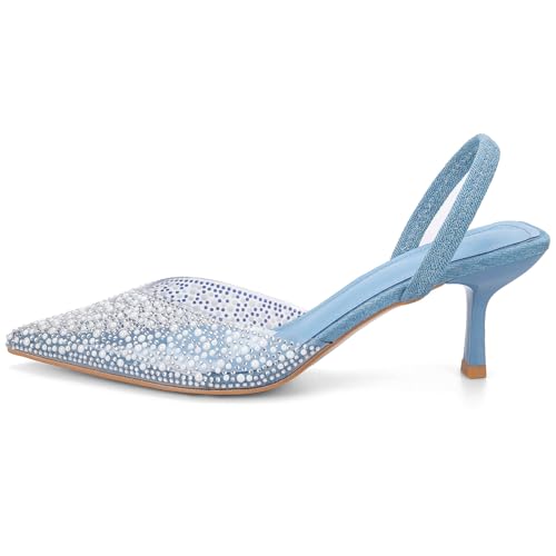 Image of YIYA Women's Clear Slingback Heels with Pearl Studded Pointed Toe Kitten Mid Heels Sparkly Rhinestone Slip On Wedding Party Shoes