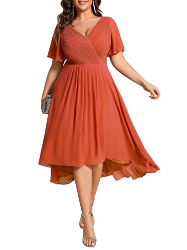 Image of Ever-Pretty Plus Summer Short Sleeves V-Neck Formal Wedding Guest Dresses for Curvy Women Chiffon Midi Cocktail Party Dress