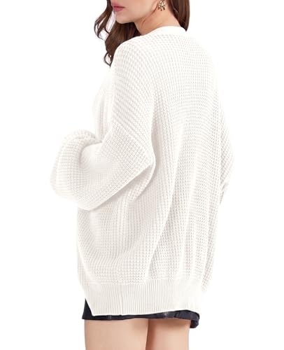 Image of QUALFORT Women's Oversized 100% Cotton Cardigan Sweater | Long Sleeve V Neck Button Down Open Front Knit Outerwear