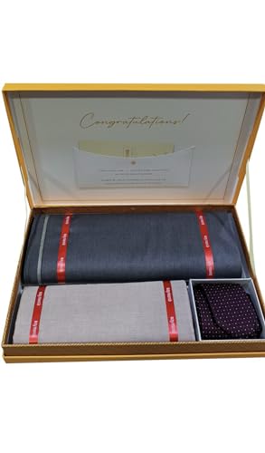 Image of Raymond Fabrics Men's Unstitched 3.25 Meters Suit Fabric Set with Tie, Pocket Square and Shirt Piece (Multicolour, All Weather Fabric,Attractive Box,Premium Fabric)
