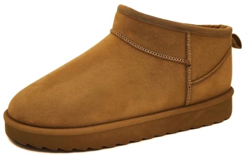 TruFox Women’s Mini Boots Cozy Faux Fur Lined Ankle Booties, Slip On Winter Slippers for Indoor Outdoor Wear, Tan, 7