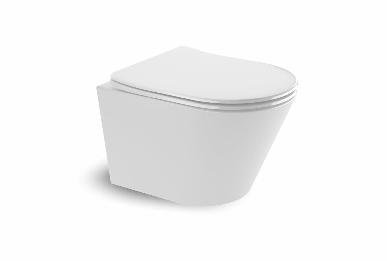 WC Suspendu Mural avec Fixations Invisibles, Sans Bride (Rimless), Abattant Soft-Close Ultra-Fin, Cuvette en Céramique Facile à Nettoyer, Design Moderne Rond Blanc Brillant Gain de Place