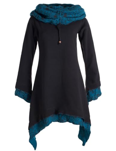 Vishes - Alternative Bekleidung - Lagenlook Zipfelkleid aus Eco Fleece mit Langen Ärmeln und großem Kapuzenschalkragen schwarz 48