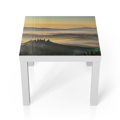 DEQORI Mesa de cristal pequeña de color blanco, 55 x 55 cm, diseño de la Toscana de la mañana, mesa auxiliar de cristal, brillante para el salón, moderna mesa de sofá con diseño