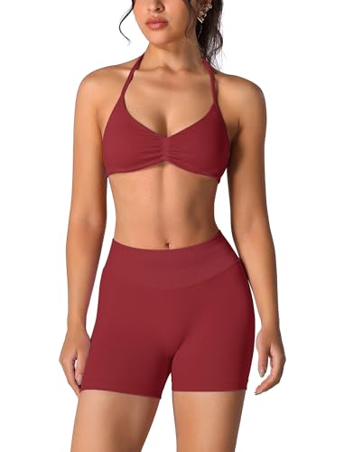 Image of ABOCIW Womens Seamless Workout Sets 2 Piece Strappy Halter Sports Bra Scrunch Butt Shorts Gym Yoga Outfits