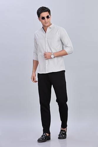 Image of MILDIN Men's Pure Cotton Striped Printed Shirt with Spread Collared Neck Full Sleeve Curved Hemline Button Closure and Regular Fit | Shirt for Man