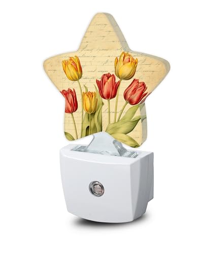 Image of Vintage Tulips Nightlight,Spring Flowers Star Night Lights Plug into Wall Decorations for Bedroom Bathroom,Dusk to Dawn Sensor Kitchen Hallway Stairs Energy Efficient Desk Lamp