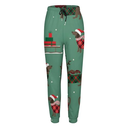 Qjjinxior Jogginghose, Palmblatt- und Monstera-Sweathose, Damenhose mit Kordelzug für Workout, Lounge, Sport, Weihnachtlicher Dackel-Hund, XL