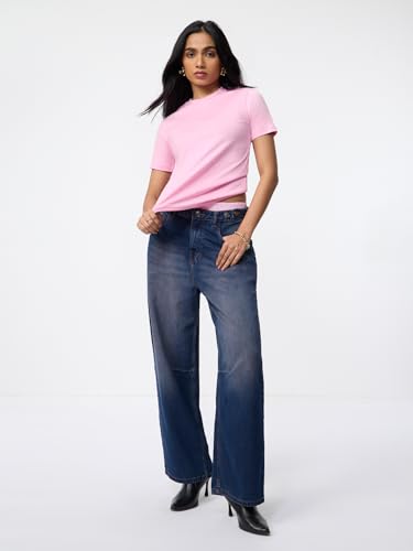 Image of The Souled Store Casual Classics: Women and Girls Short Sleeves Spread Collar Solid Cotton Regular Fit Breathable Lightweight Trendy Everyday T-Shirt