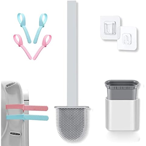 Cleanako Silicone Toilet Brush, Flexible Silicon Toilet Brushes & Holders Wall Mounted Flat Rubber Toilet Cleaner Brush and Holder, Hygienic Toilet Cleaning Brush Set with Toilet Seat Lifter (White) Cover